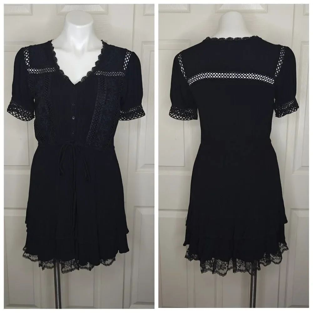 En Creme black crochet inset short sleeve mini dress XS